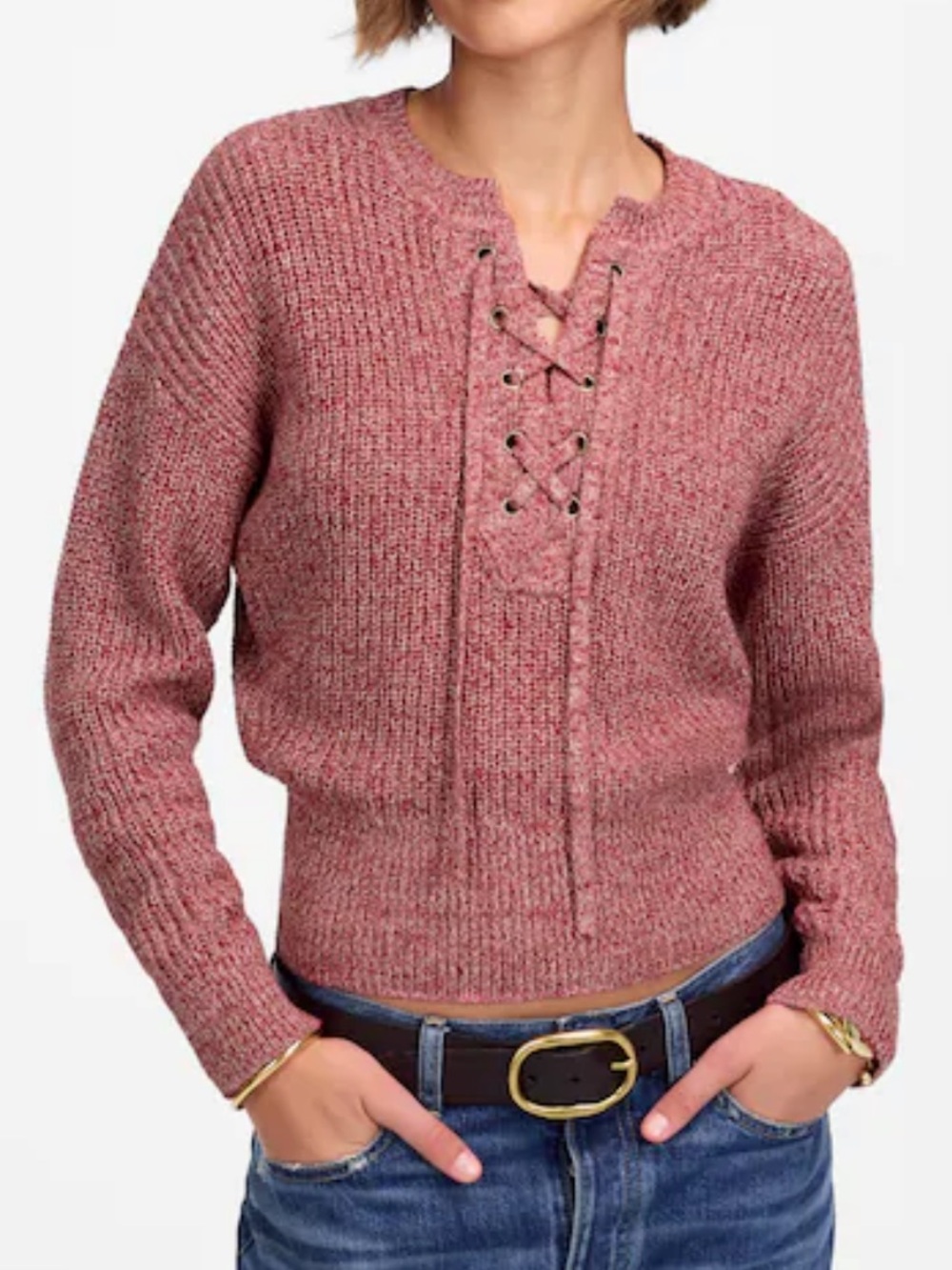 Madewell Red Marled Ribbed Lace Up Sweater - Size Small